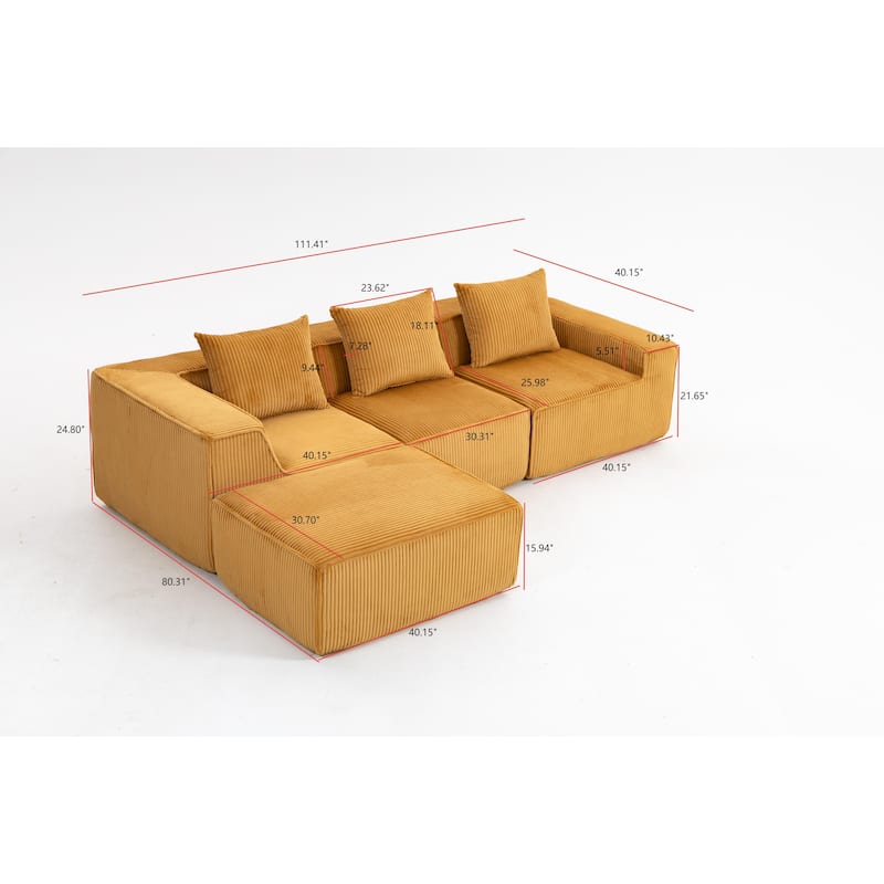 Modular Sleeper Sofa Bed Corduroy L-shaped Sectional Sofa with Chaise Floor Standing Multi Person Compressed Sofa with Ottoman