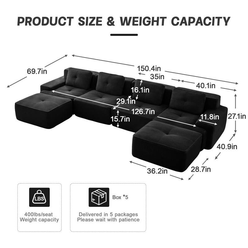Roomfitters No Assembly Modular Sofa, 117 Inch Corduroy 3-Seater with Piping, Black