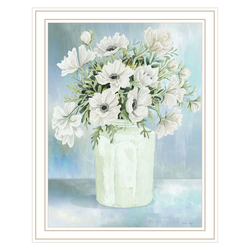 TrendyDecor4U Farmhouse "WHITE BLOOMS II" Framed Print Wall Art - White