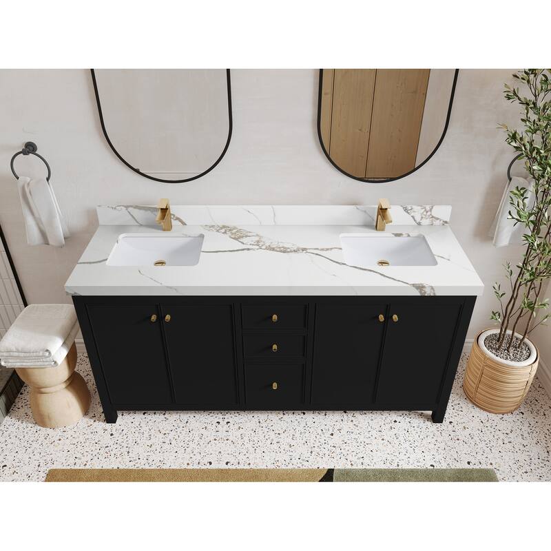 Willow Collections 72 in. W x 22 in. D Chicago Double Bowl Sink Bathroom Vanity with Countertop - 2"Calacatta Gold - Black