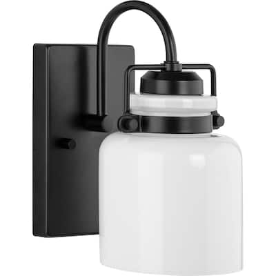 Fessler Collection One-Light Matte Black Opal Glass Farmhouse Bath Light - 5 in x 7 in x 9 in
