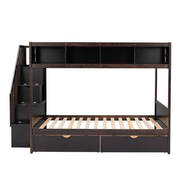 Twin over Full Bunk Bed with Shelves, Storage Steps, and Drawers