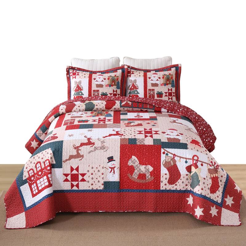 3 Pcs Vintage Christmas Patchwork Quilt Set - Kids Red - Full
