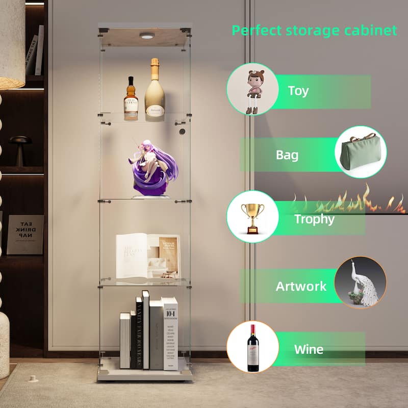 Tempered Glass Display Cabinet with Remote Control LED Lights, Lockable Storage Shelves and Adjustable Feet