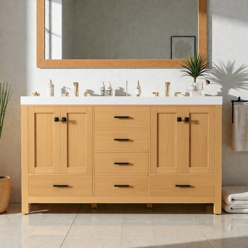 59.3 Inch Double Sink Bathroom Vanity with Solid Wood Frame, Soft Close Doors and Drawers, Wood Grain Cabinet - Wood