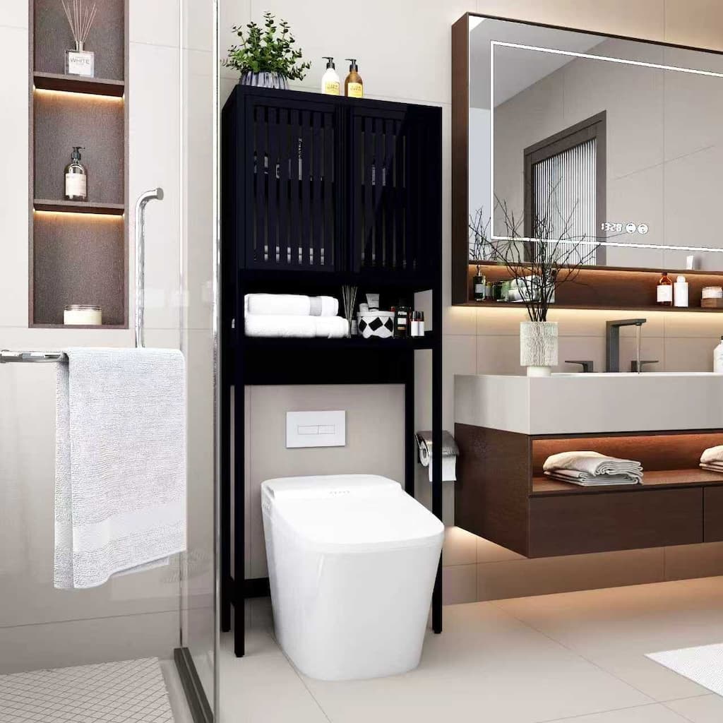 GDFStudio - Freestanding 64.8'' Bamboo Over-The-Toilet Storage Cabinet with Double Doors & Open Shelf for Versatile Home Use