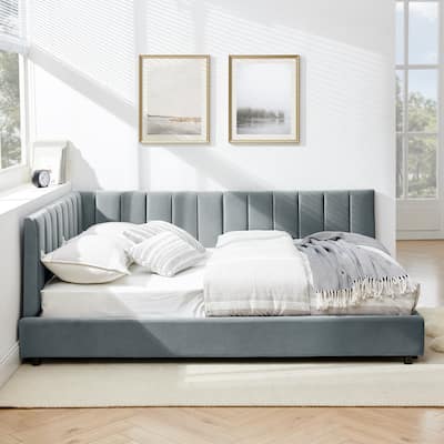 Full Size Upholstered Tufted Daybed, Velvet Fabric Sofa Bed Frame with L Shaped Backrest and Armrests, Wooden Slat Support