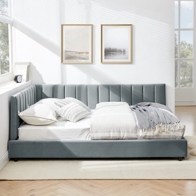 Full Size Velvet Upholstered Daybed with Backrest and Armrests, Gray, Easy Assembly, for Bedroom or Living Room