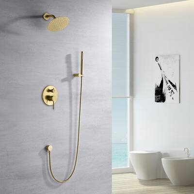 Brushed Gold Brass Shower System with high pressure rain shower head ,Rough-In Valve Included