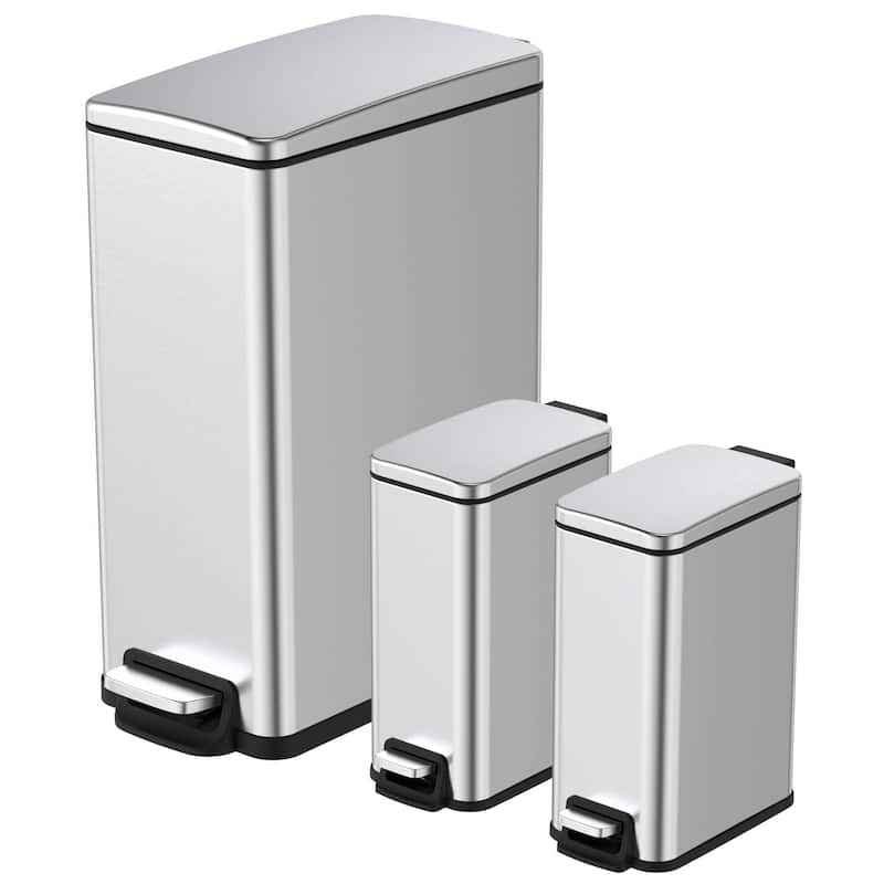 Innovaze 11.9 Gallon/ 45 Liter + Two 1.6 Gallon/6 Liter Rectangular Step-on Trash Can Set For Bathroom and Kitchen - Silver