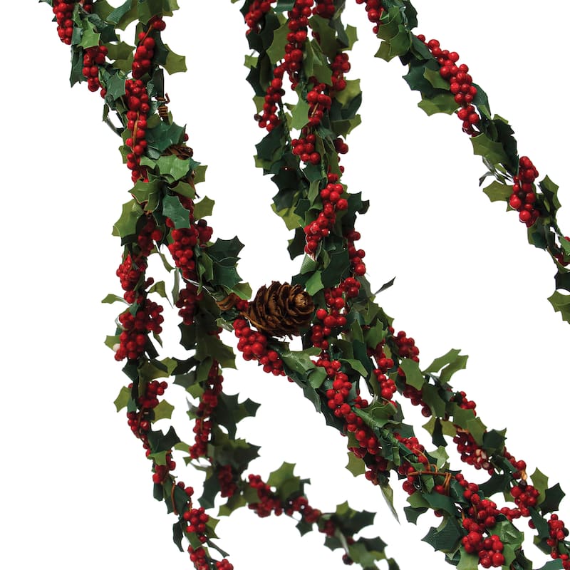 Faux Holly Leaf Spray with Red Berries and Natural Pinecones