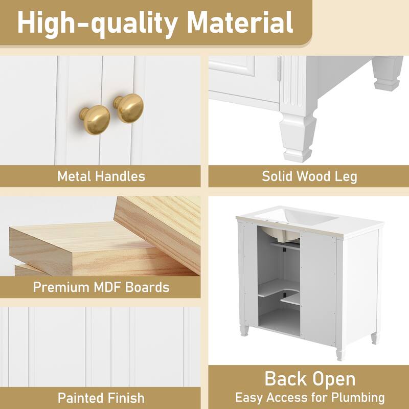 Roomfitters Bathroom Vanity with Sink, Ceramic Basin with One Tip-out Drawer, Three Side Drawers and Adjustable Shelf
