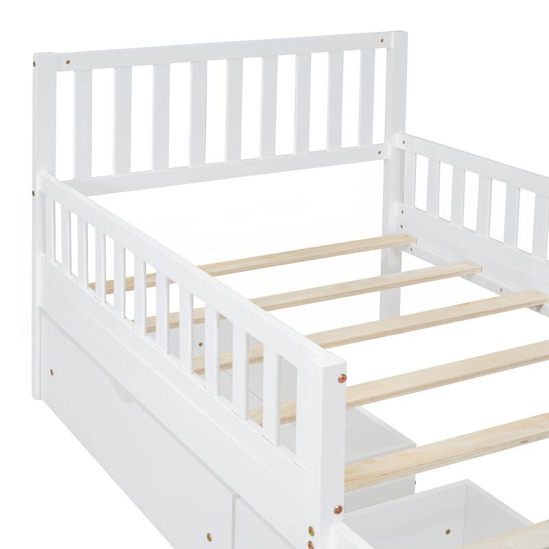Twin Size Wood Platform Bed with Guardrails on Both Sides