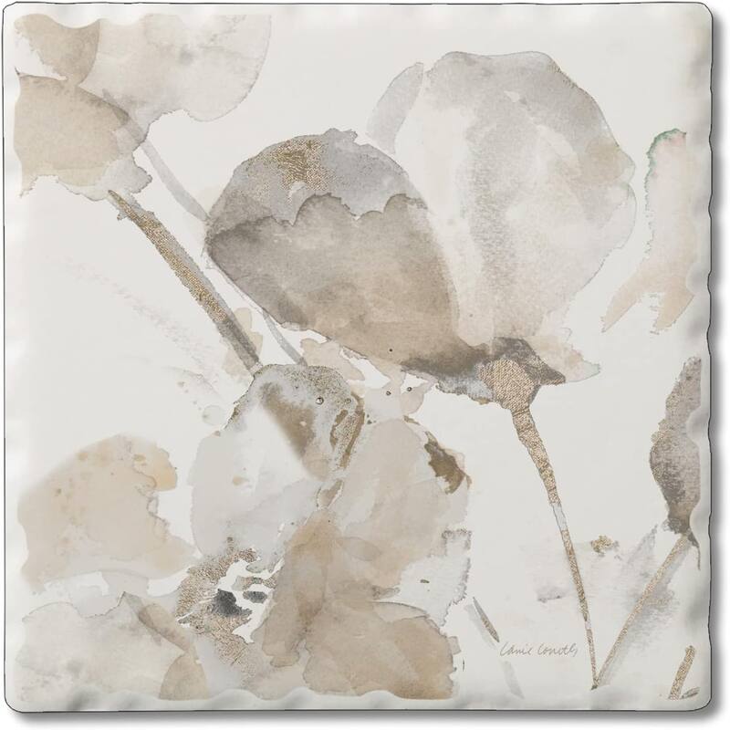 Absorbent Stone Tumbled Tile Coasters, Abstract Floral I, Set of 4 - Multi