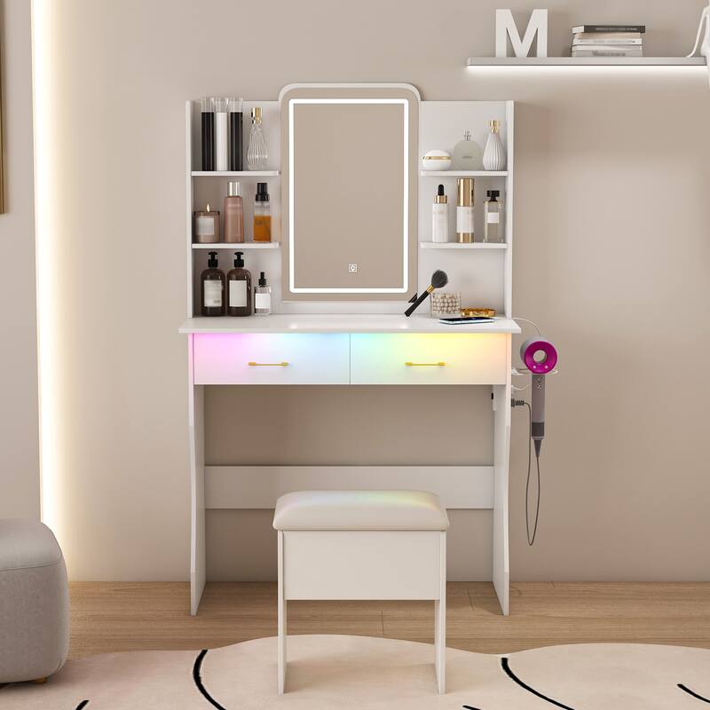 Small Vanity Desk with LED Lights Mirror & Power Outlet,Vanity Table Set with Drawers & Chair, 3 Lighting Modes