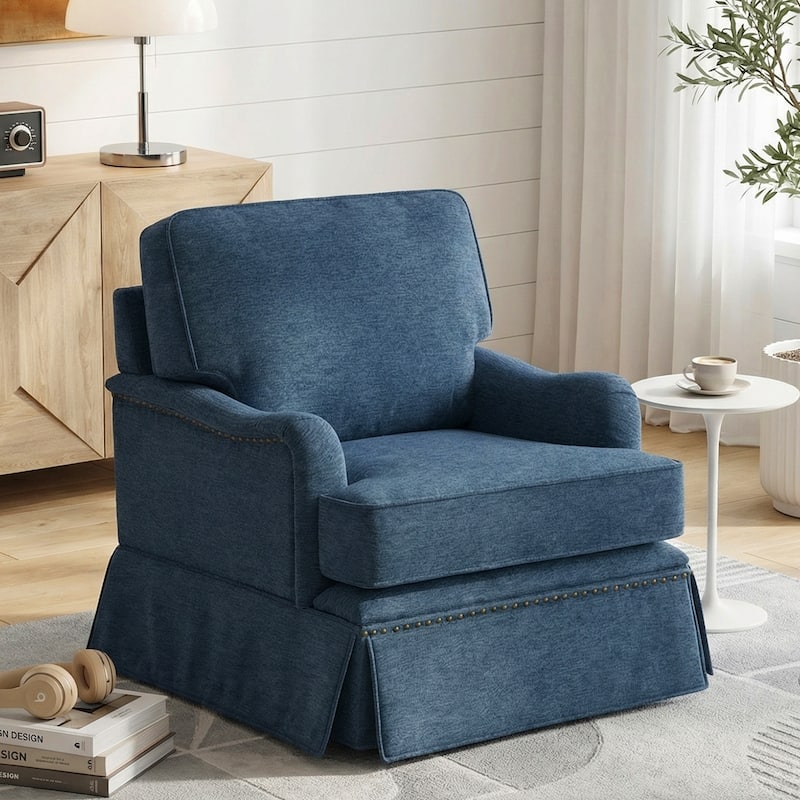 Modern Chenille Swivel Armchair Storage Ottoman - Single Chair - Navy