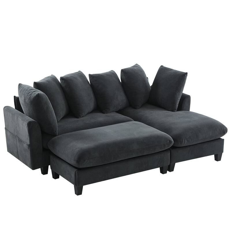 83" L-shaped Sectional Sofa with Storage, Ottoman, Pillows, Black Chenille Upholstery