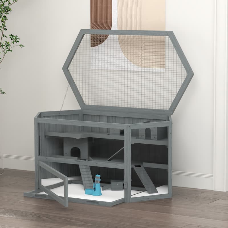 Grey Fir Wood 3-Tier Hamster Cage with Clear Walls and Seesaw Toy - 45.3" L x 23.6" W x 21.7" H