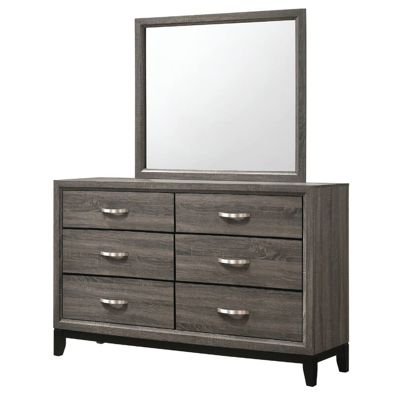 Mela 2pc Wide Dresser and Mirror Set, 6 Drawers, Gray Oak Wood