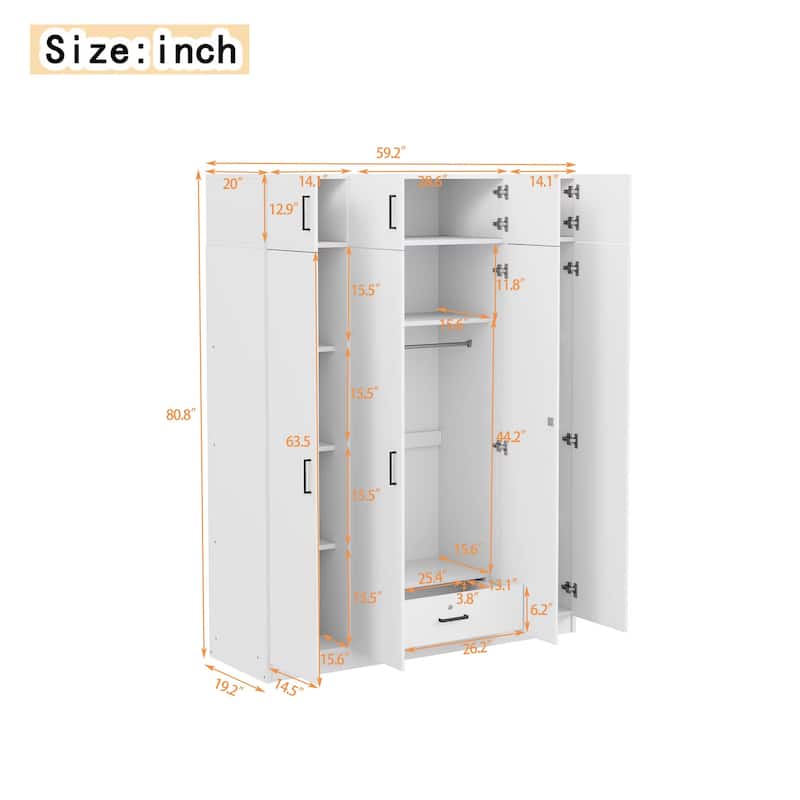 4-Door Wardrobe Armoire with Drawer and Overhead Cabinet Clothes Storage Cabinet for Bedroom