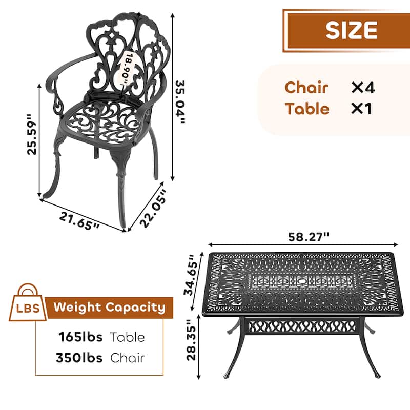 5/7-Piece Cast Aluminum Outdoor Dining Set with 58.27'' L X 34.65'' W Rectangular Table and Seat Cushions