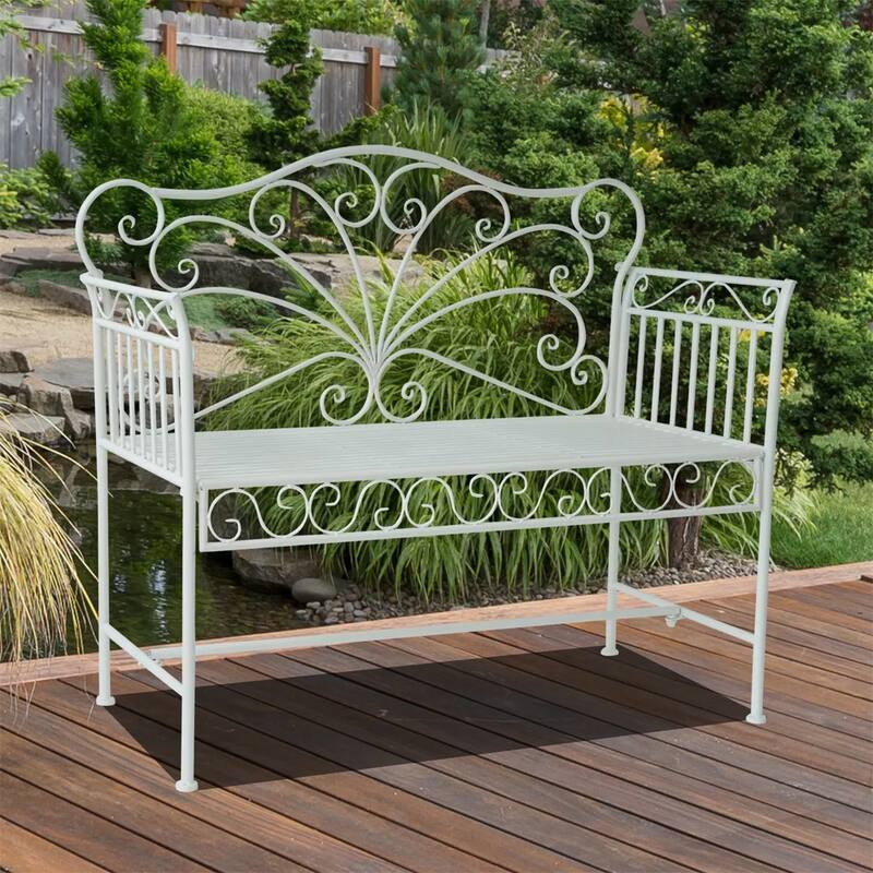 White Outdoor Garden Bench with Armrests for Patio - 44.75" L x 19.75" W x 37.75" H