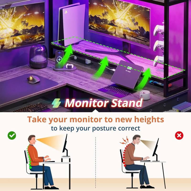 Reversible L Shaped Gaming Desk Power Outlet LED Light