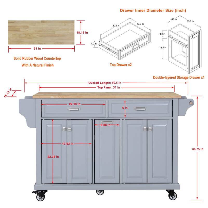 Kitchen Island with Rubber wood Countertop, Kitchen Cart on 5 Wheels with Storage Cabinet and 2 Top Drawers