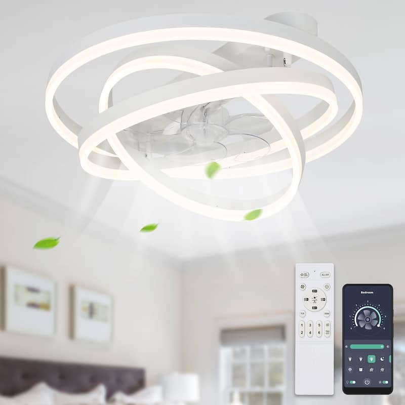 Cusp Barn 24 Inch Low Profile DIY Shape Ceiling Fan with Lights, Flush Mount Silent DC Motor Fandelier, Dimmable LED Lighting - White