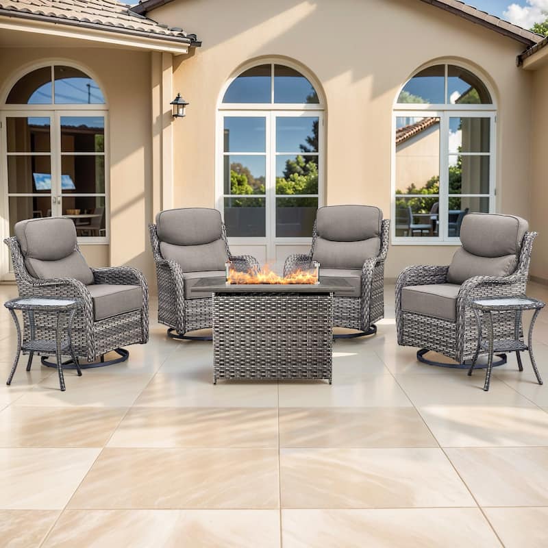 Pocassy 7 Pieces Outdoor 6 Inch Swivel Chair Table with Fire Pit Table - Gray cushion - Gray Wicker