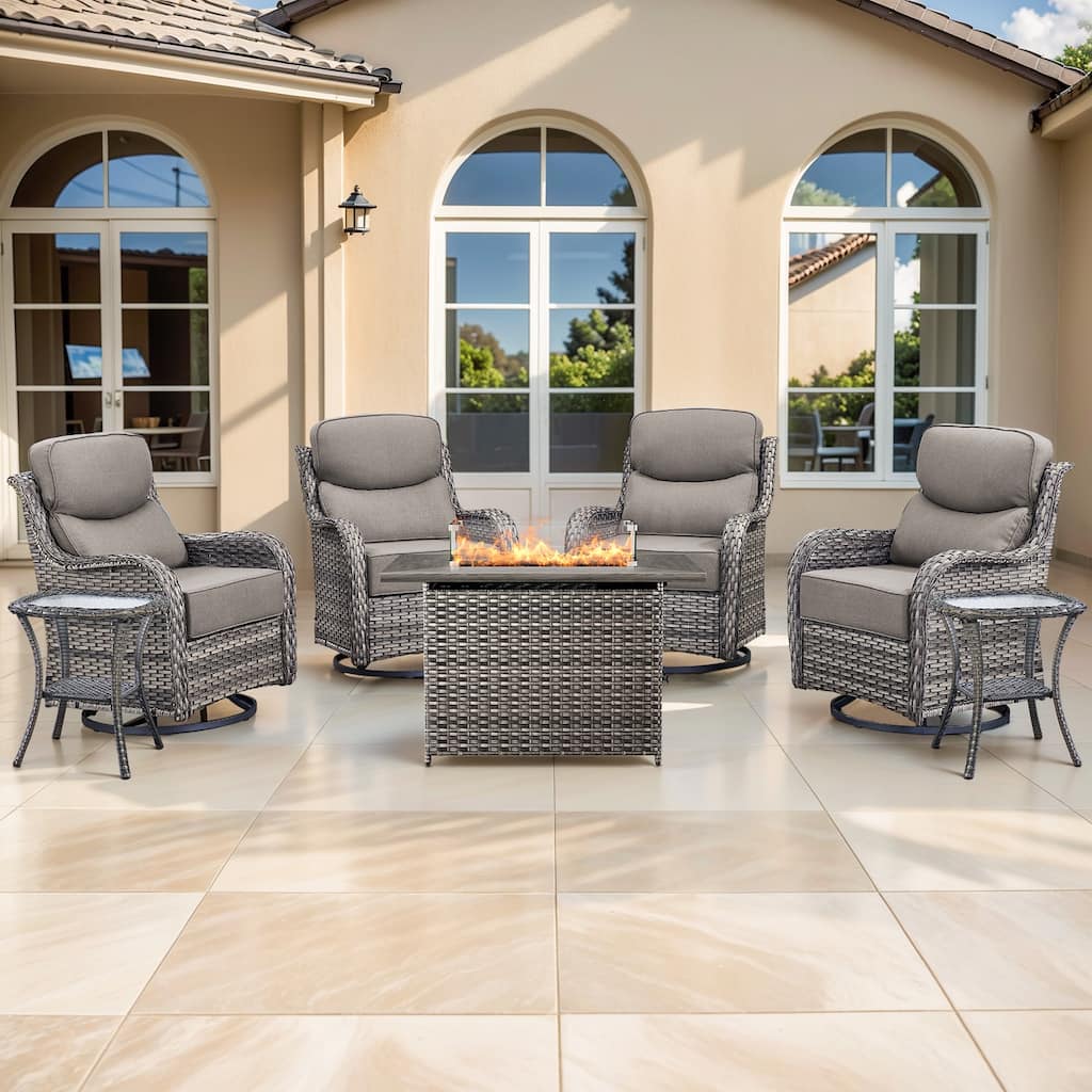 Pocassy 7PCS Outdoor 6Inch Swivel Chair Table w/ Fire Pit Table