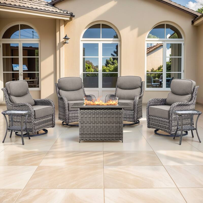 Pocassy Outdoor 6 Inch Sofa Swivel Chairs with Fire Pit Table Set - Grey Wicker Gray Cushion - 7 Pieces Swivel Chair Table with Fire Table
