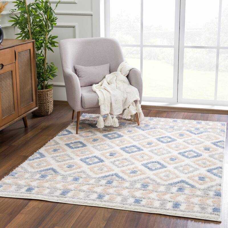 Tilos Moroccan Trellis Farmhouse Shag Area Rug - 2' x 3' - Gray, Blue / Eivin