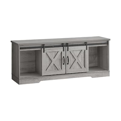 60-Inch TV Console, Modern Farmhouse Design with Sliding Barn Doors, Adjustable Shelves, and Cable Management