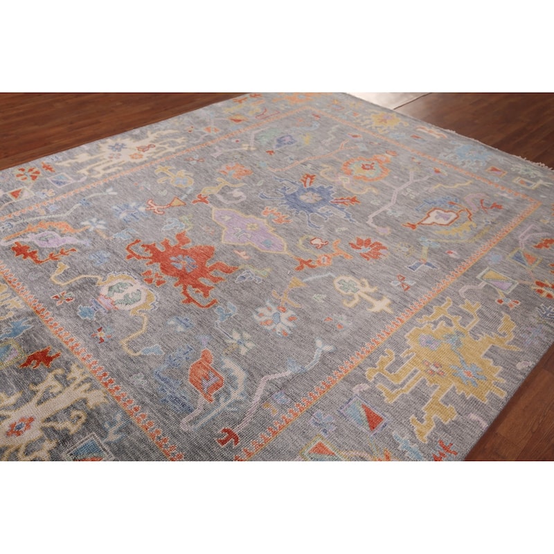 All-Over Gray Floral Oushak Indian Area Rug Hand-Knotted Wool Carpet - 7'10"x 9'8"