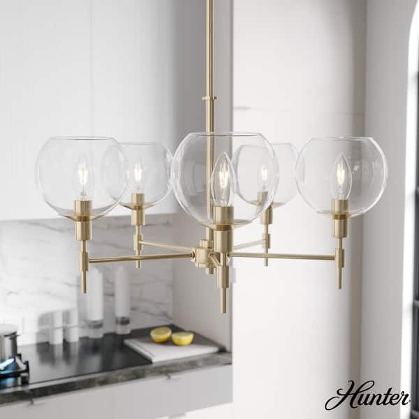 slide 2 of 14, Hunter Xidane Metal and Glass Orb Chandelier - Entry, Kitchen or Dining Room Table, Bedroom - Mid-Century Modern, Transitional 5- Light - Alturas  Gold