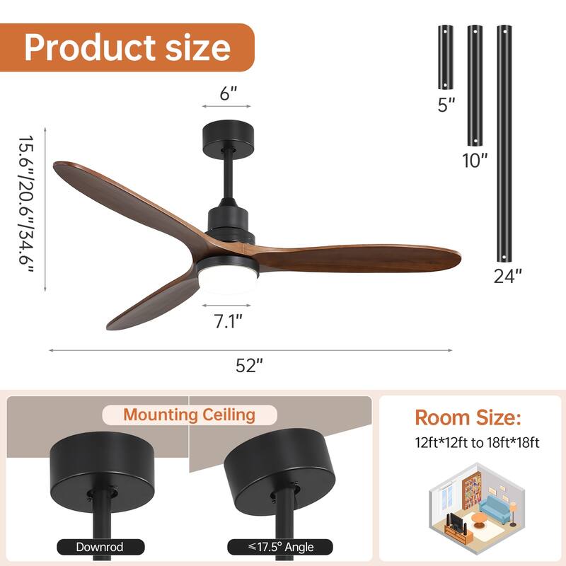 Sofucor 48/52/60 Inch Solid Wood Ceiling Fan with Light and Remote, Reverse Functions, Integrated Light Optional