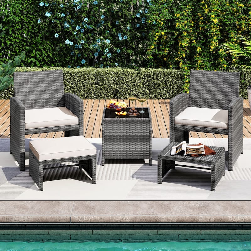 Costway 5 Pieces Patio Furniture Set PE Wicker Outdoor Lounge Chairs - See Details