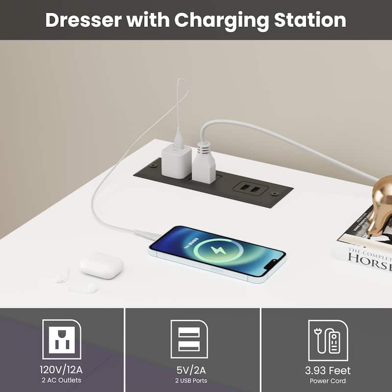 6 Drawer Dresser with LED Lights & Charging Station, Modern Chest of Drawers with Open Shelf