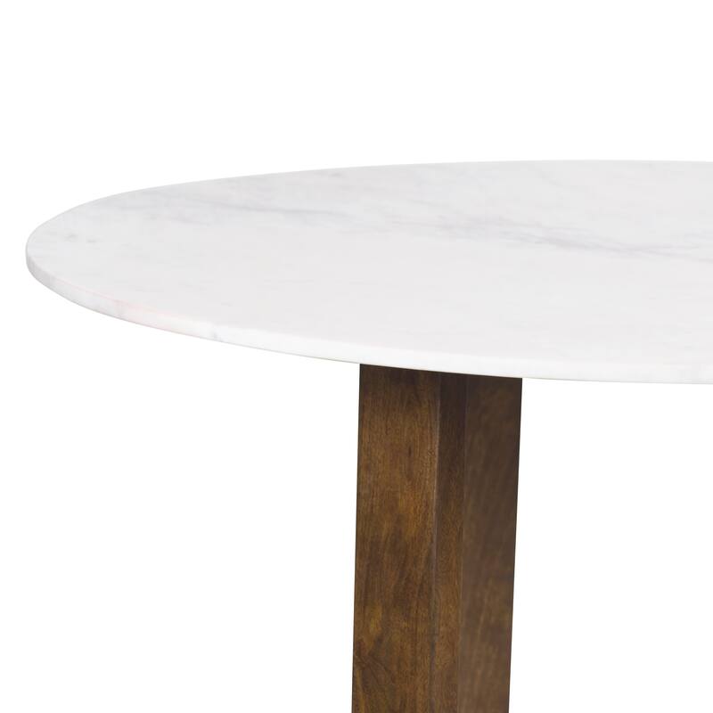 Fina Table, Round White Genuine Marble Top, Natural Brown Mango Wood 3 Leg Sled Base