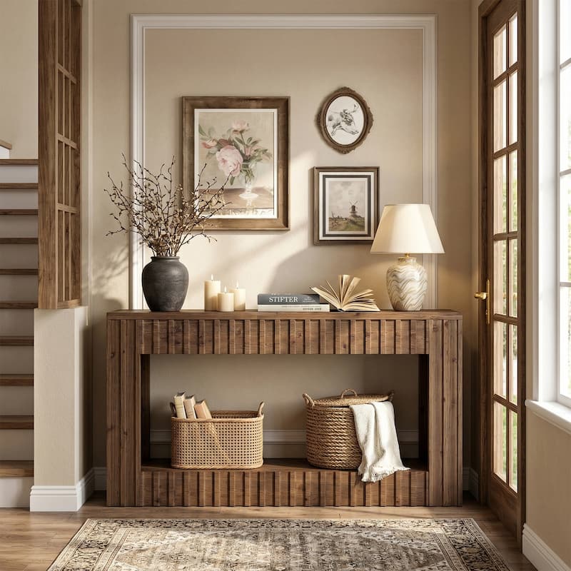 Solid Wood Sofa Table, 63" Long Console Table with Open Storage, Entryway Table for Living Room, Hallway, Foyer