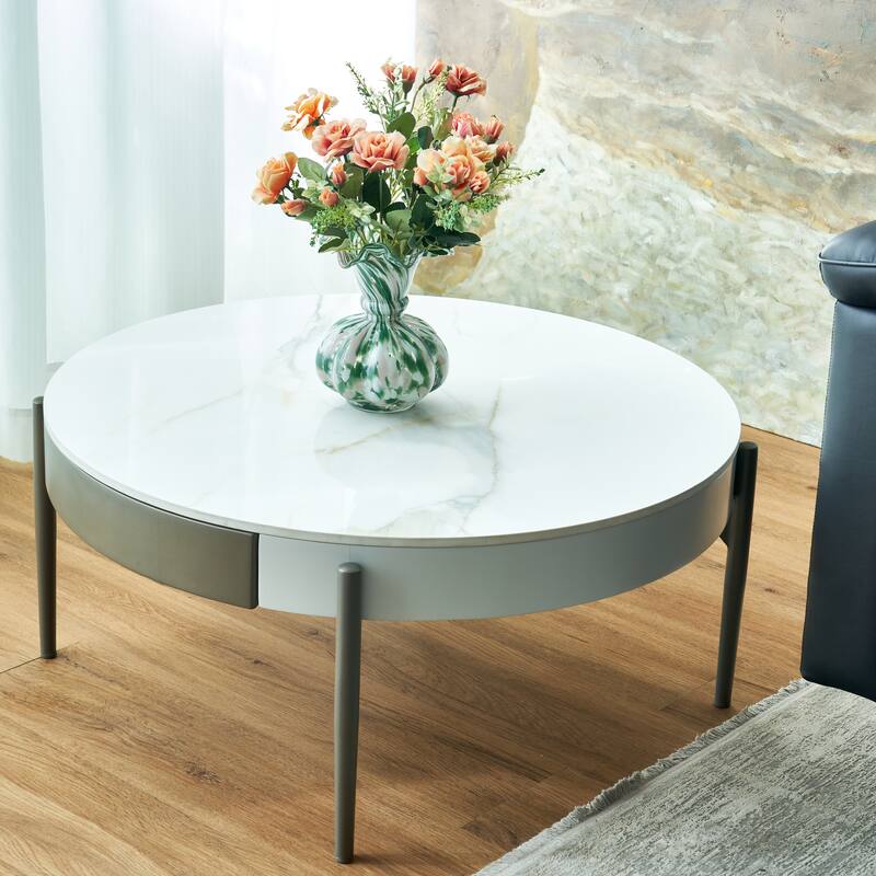 31.49" Ceramic Tile Round Table with Drawers - White+gray