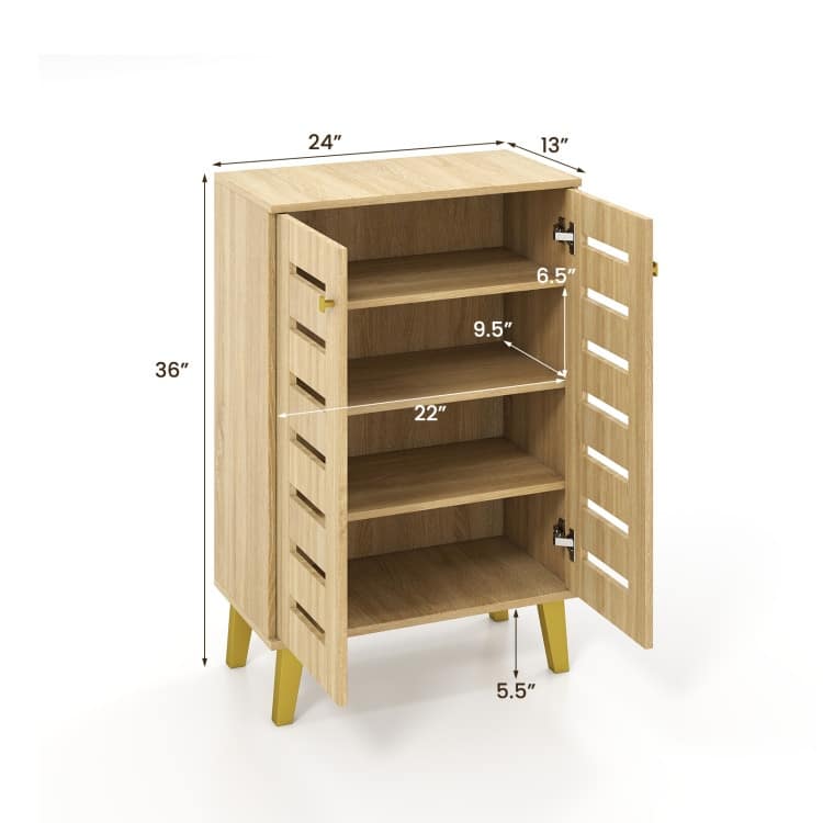 Oak MDF Wooden Shoe Cabinet with Louvered Doors and Removable Shelves - 24" x 13" x 36"