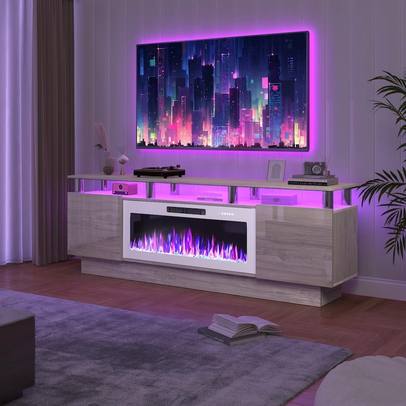 BOSSIN 70" Modern Electric Fireplace TV Stand, with Electronic Flame and LED Lights, High Gloss Finish Entertainment Center