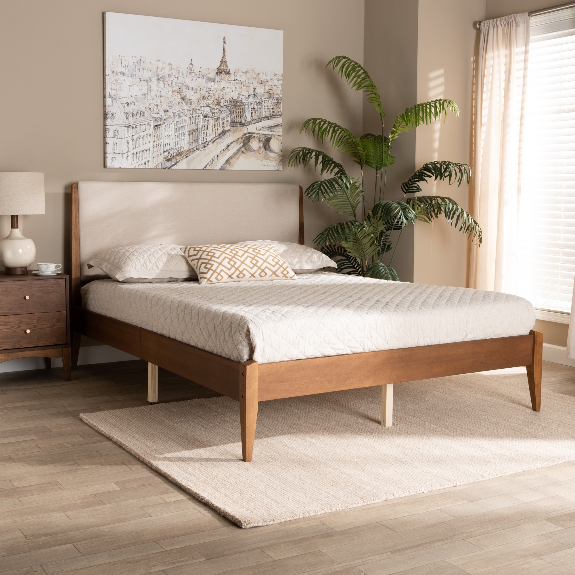 Wood and fabric platform bed sale