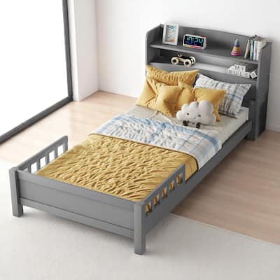 Wooden Twin Bed Frame with Headboard Shelf, LED Motion Light, Safety Guardrails, Slats Included, No Box Spring