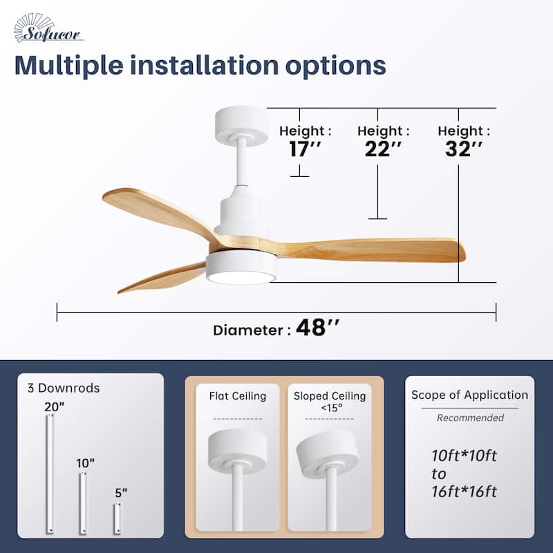 Sofucor 48 Inch Ceiling Fan with Light and Remote,Solid Wood Blades Low Profile,Smart Optional Work with Alexa/Google/App