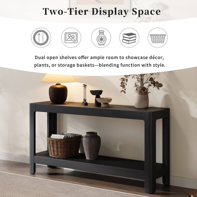 Farmhouse Console Table Side Table with Bottom Shelf, Black Entryway Table Hallway Table for Living Room