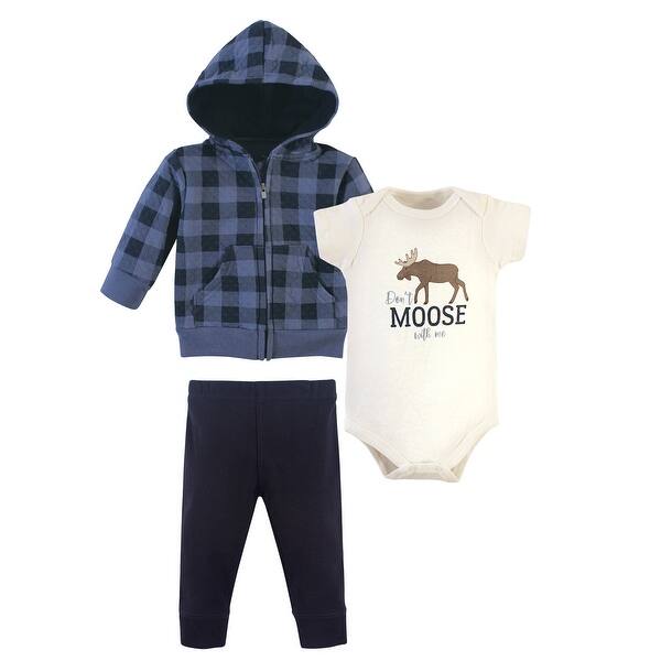 slide 1 of 1, Hudson Baby Infant Boy Premium Quilted Hoodie, Bodysuit and Pant, Navy Moose 0-3 Months - Navy Moose