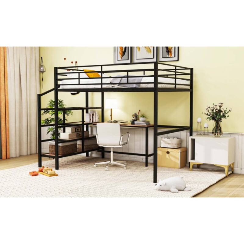 Full Size Metal Loft Bed with Desk and Lateral Storage Ladder